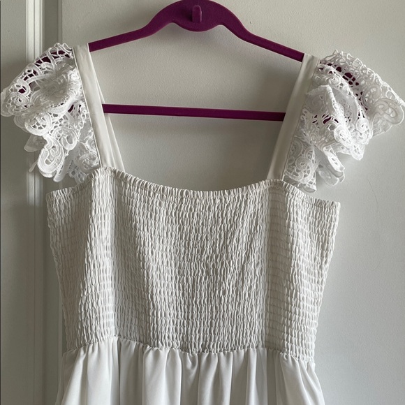 White Maxi Dress with lace, smocked, flutter sleeve pockets - Picture 5 of 16